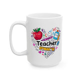 Teacher Appreciation Ceramic Mug — Colorful Heart of School Icons (11oz, 15oz)