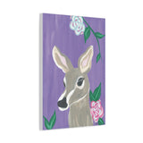 Whimsical Deer Canvas Wall Art - 16x24 Woodland Animal Painting with Pastel Flowers - Nature-Inspired Nursery or Living Room Décor - Serene Purple Background