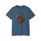 Funny Raccoon Coffee "I'm Tired Look" T-Shirt - Cute Animal Graphic Tee, Humor Gift for Coffee Lovers, Lazy Day Outfit for Men & Women