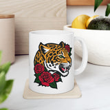 Jaguar and Roses Coffee Mug - 11/15 oz Ceramic Cup with Fierce Leopard Art, Bold Tattoo Style Gift for Animal & Big Cat Lovers