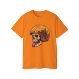 Desert Skull Graphic T-Shirt - Edgy Surreal Art Tee with Helmet Sunset Scene, Cactus Landscape, Punk Rock Streetwear
