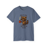 Funny Raccoon Coffee "I'm Tired Look" T-Shirt - Cute Animal Graphic Tee, Humor Gift for Coffee Lovers, Lazy Day Outfit for Men & Women