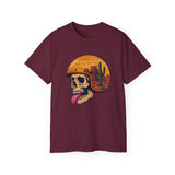 Desert Skull Graphic T-Shirt - Edgy Surreal Art Tee with Helmet Sunset Scene, Cactus Landscape, Punk Rock Streetwear