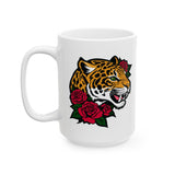 Jaguar and Roses Coffee Mug - 11/15 oz Ceramic Cup with Fierce Leopard Art, Bold Tattoo Style Gift for Animal & Big Cat Lovers