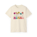 Mother's Day Flower MOMMA T-Shirt - Cute Colorful Floral Tee for Mom, Mama, Mommy Gift, Spring Boho Shirt, Women's Graphic Top