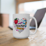 Teacher Appreciation Ceramic Mug — Colorful Heart of School Icons (11oz, 15oz)