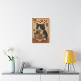 Retro Japanese Cat Eating Ramen - Vintage Wall Art for Kitchen or Cafe | Quirky Noodle Lover Gift & Unique Cat Canvas Wall Art