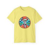 Skeleton Hawaiian T-Shirt - Funny Tropical Beach Sunset Tee - Cool Summer Vacation Shirt - Retro Fedora Graphic Tee - Halloween