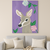 Whimsical Deer Canvas Wall Art - 16x24 Woodland Animal Painting with Pastel Flowers - Nature-Inspired Nursery or Living Room Décor - Serene Purple Background