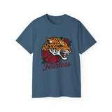 Fearless Jaguar T-Shirt - Wild Animal Graphic Tee with Roses, Bold Big Cat Design, Leopard Shirt for Men Women Streetwear