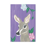 Whimsical Deer Canvas Wall Art - 16x24 Woodland Animal Painting with Pastel Flowers - Nature-Inspired Nursery or Living Room Décor - Serene Purple Background