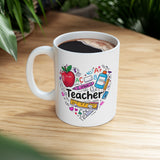 Teacher Appreciation Ceramic Mug — Colorful Heart of School Icons (11oz, 15oz)