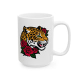Jaguar and Roses Coffee Mug - 11/15 oz Ceramic Cup with Fierce Leopard Art, Bold Tattoo Style Gift for Animal & Big Cat Lovers