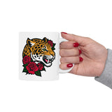 Jaguar and Roses Coffee Mug - 11/15 oz Ceramic Cup with Fierce Leopard Art, Bold Tattoo Style Gift for Animal & Big Cat Lovers