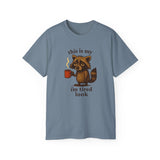 Funny Raccoon Coffee "I'm Tired Look" T-Shirt - Cute Animal Graphic Tee, Humor Gift for Coffee Lovers, Lazy Day Outfit for Men & Women