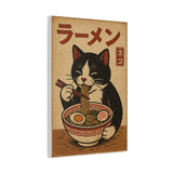 Retro Japanese Cat Eating Ramen - Vintage Wall Art for Kitchen or Cafe | Quirky Noodle Lover Gift & Unique Cat Canvas Wall Art