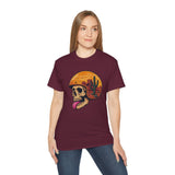 Desert Skull Graphic T-Shirt - Edgy Surreal Art Tee with Helmet Sunset Scene, Cactus Landscape, Punk Rock Streetwear