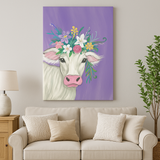 Whimsical Cow Canvas Wall Art - 16x24 Farmhouse Animal Print with Floral Crown on Purple Background - Cute Rustic Home Décor