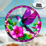 Hummingbird Floral Suncatcher Window Hanging – Tropical Bird Stained Glass Style Garden Decor, 2D Flat Printed Wall Art Gift (8"x8" or 12"x12")