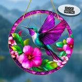 Hummingbird Floral Suncatcher Window Hanging – Tropical Bird Stained Glass Style Garden Decor, 2D Flat Printed Wall Art Gift (8"x8" or 12"x12")