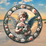 Little Angel Suncatcher, Religious Themes Acrylic Clear Round Sign,Christmas Hanging Ornament,Porch Home,Room,Wall,cafe Decor
