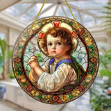 Little Angel Suncatcher, Religious Themes Acrylic Clear Round Sign,Christmas Hanging Ornament,Porch Home,Room,Wall,cafe Decor