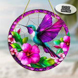 Hummingbird Floral Suncatcher Window Hanging – Tropical Bird Stained Glass Style Garden Decor, 2D Flat Printed Wall Art Gift (8"x8" or 12"x12")