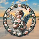 Little Angel Suncatcher, Religious Themes Acrylic Clear Round Sign,Christmas Hanging Ornament,Porch Home,Room,Wall,cafe Decor