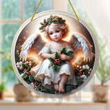 Little Angel Suncatcher, Religious Themes Acrylic Clear Round Sign,Christmas Hanging Ornament,Porch Home,Room,Wall,cafe Decor